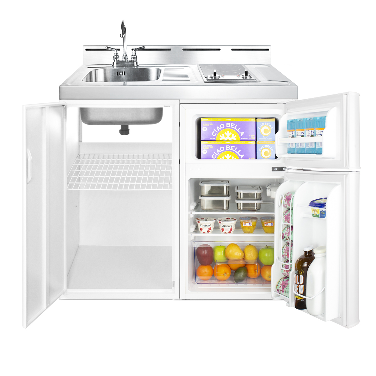 39 inch wide all-in-one kitchenette with 2-burner 115V smooth-top cooktop, refrigerator-freezer, sink, and storage cabinet